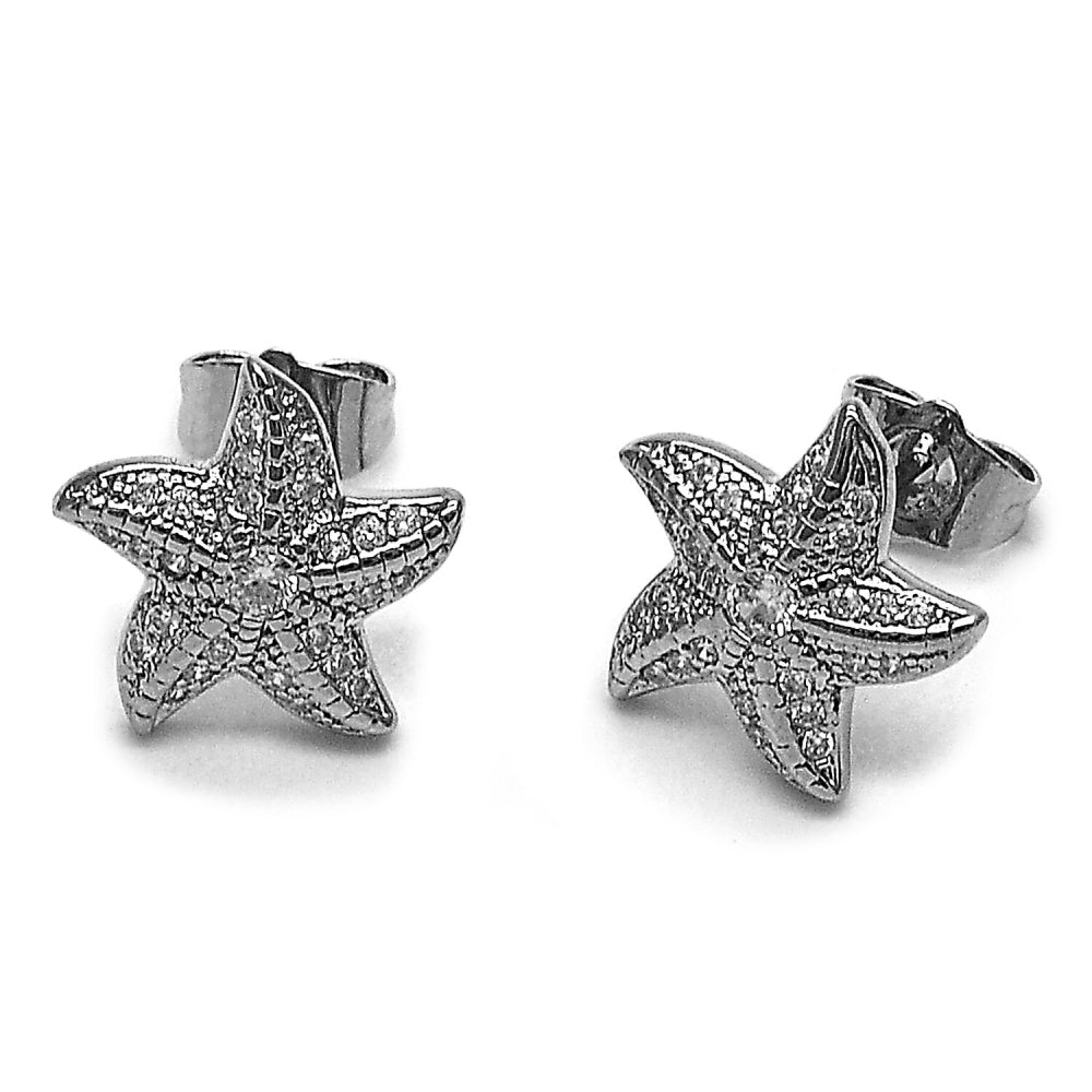 Rhodium Gold Filled Stud Earring, Star Design, with White Micro Pave and White Cubic Zirconia, Polished, Rhodium Finish