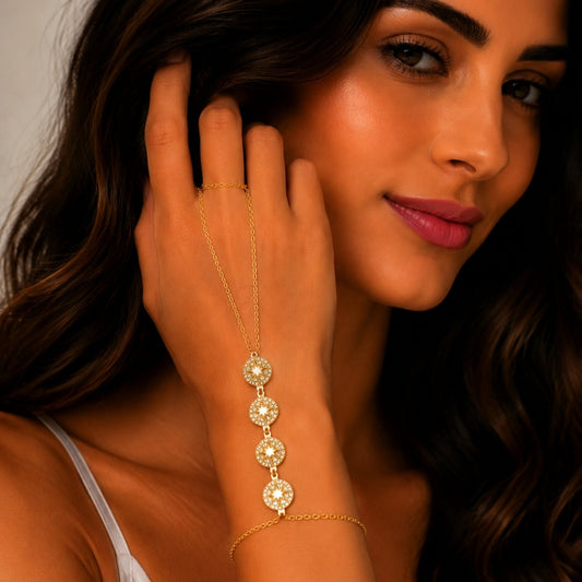 Oro Laminado Fancy Bracelet, Gold Filled Style Star and Rolo Design, with White Micro Pave, Polished, Golden Finish