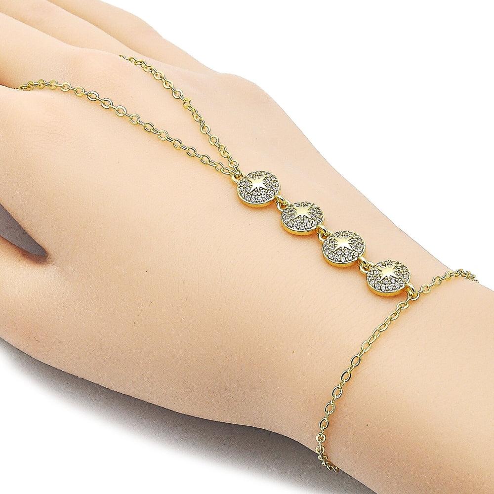 Oro Laminado Fancy Bracelet, Gold Filled Style Star and Rolo Design, with White Micro Pave, Polished, Golden Finish