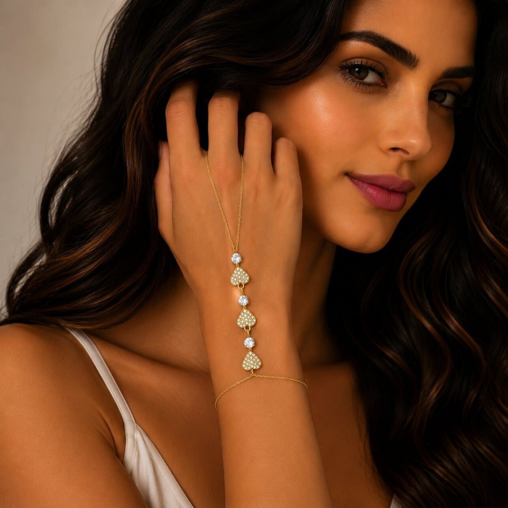 Oro Laminado Fancy Bracelet, Gold Filled Style Heart Design, with White Cubic Zirconia and White Micro Pave, Polished, Golden Finish