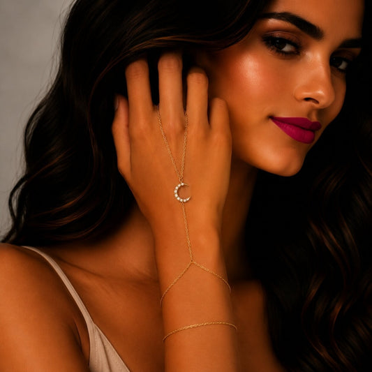 Oro Laminado Fancy Bracelet, Gold Filled Style Moon and Rolo Design, with White Cubic Zirconia, Polished, Golden Finish