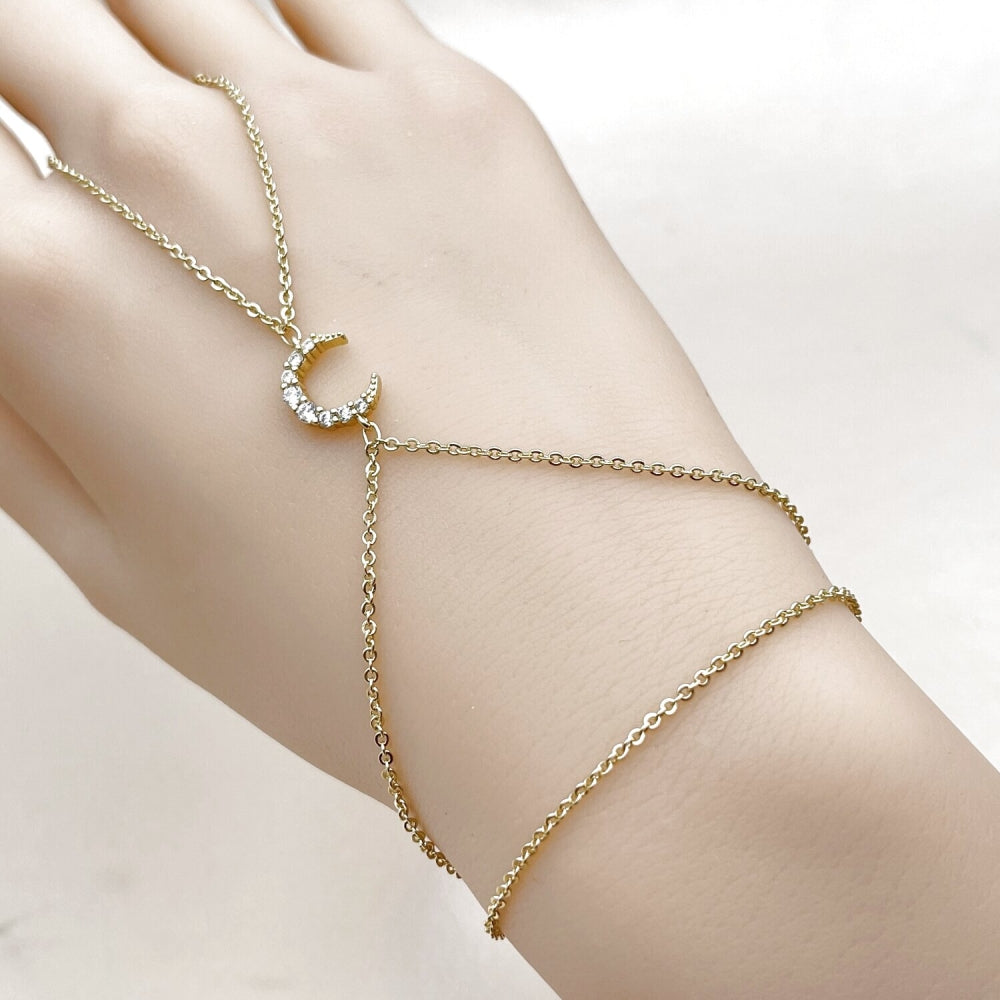 Oro Laminado Fancy Bracelet, Gold Filled Style Moon and Rolo Design, with White Cubic Zirconia, Polished, Golden Finish