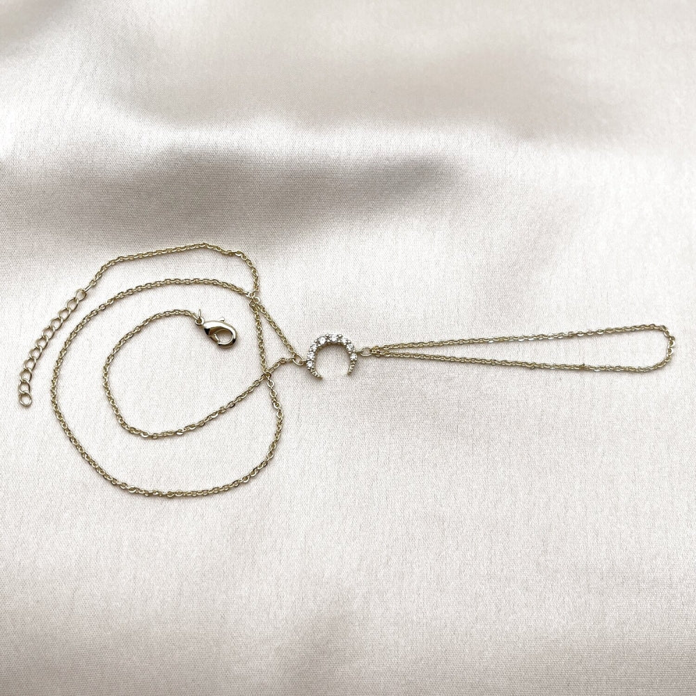 Oro Laminado Fancy Bracelet, Gold Filled Style Moon and Rolo Design, with White Cubic Zirconia, Polished, Golden Finish
