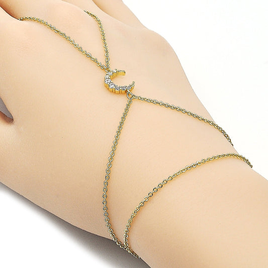 Oro Laminado Fancy Bracelet, Gold Filled Style Moon and Rolo Design, with White Cubic Zirconia, Polished, Golden Finish