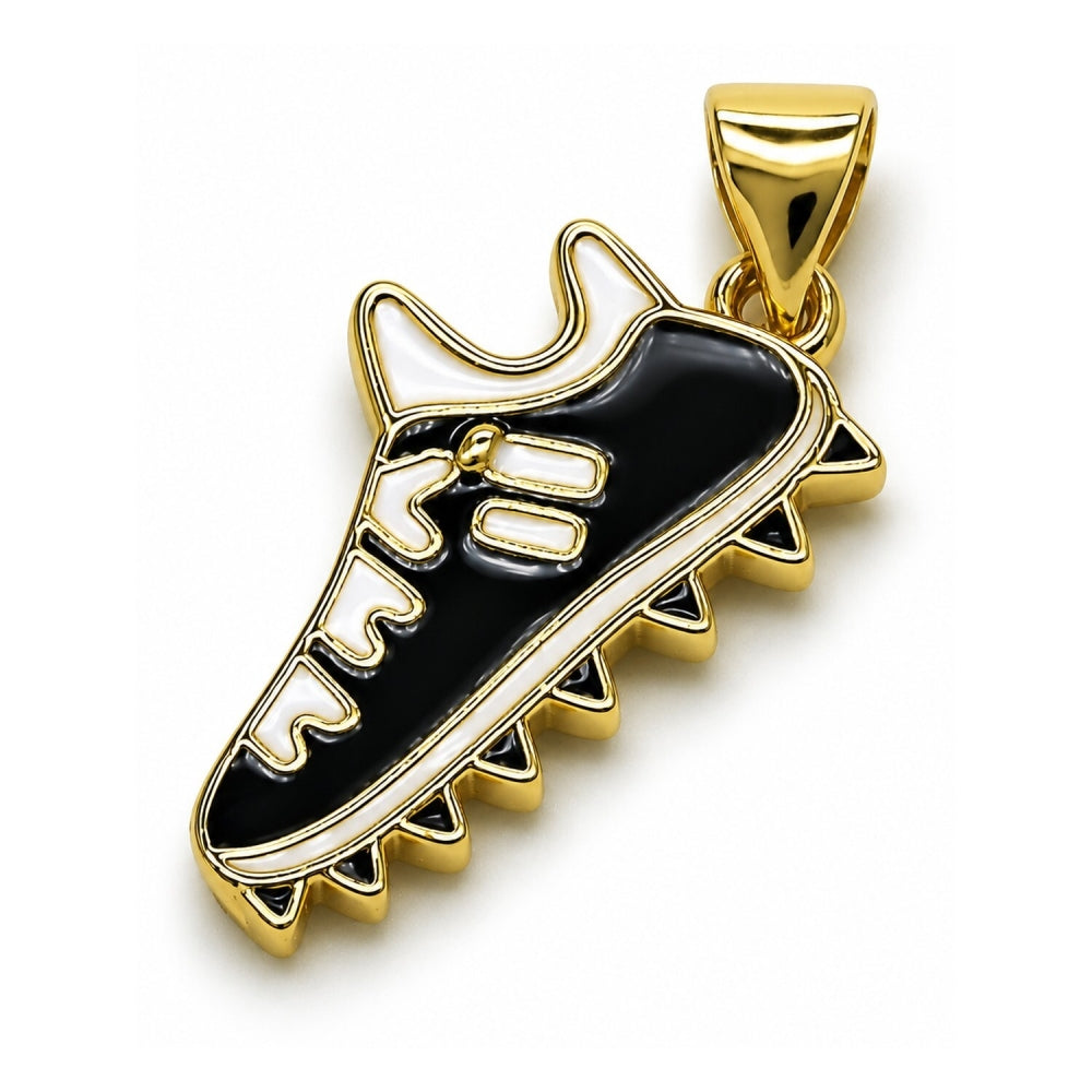 Oro Laminado Fancy Pendant, Gold Filled Style Shoes Design, Black Enamel Finish, Golden Finish