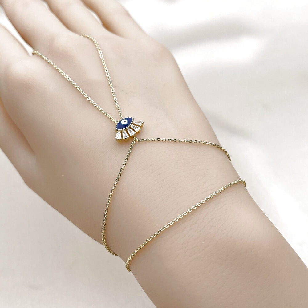 Oro Laminado Fancy Bracelet, Gold Filled Style Evil Eye and Baguette Design, with White Cubic Zirconia, Blue Enamel Finish, Golden Finish