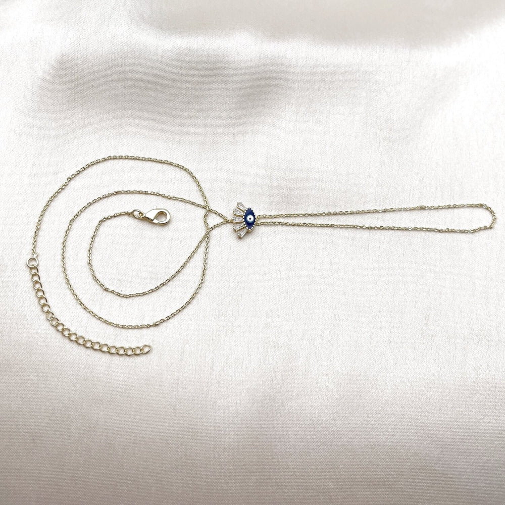 Oro Laminado Fancy Bracelet, Gold Filled Style Evil Eye and Baguette Design, with White Cubic Zirconia, Blue Enamel Finish, Golden Finish