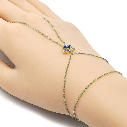 Oro Laminado Fancy Bracelet, Gold Filled Style Evil Eye and Baguette Design, with White Cubic Zirconia, Blue Enamel Finish, Golden Finish