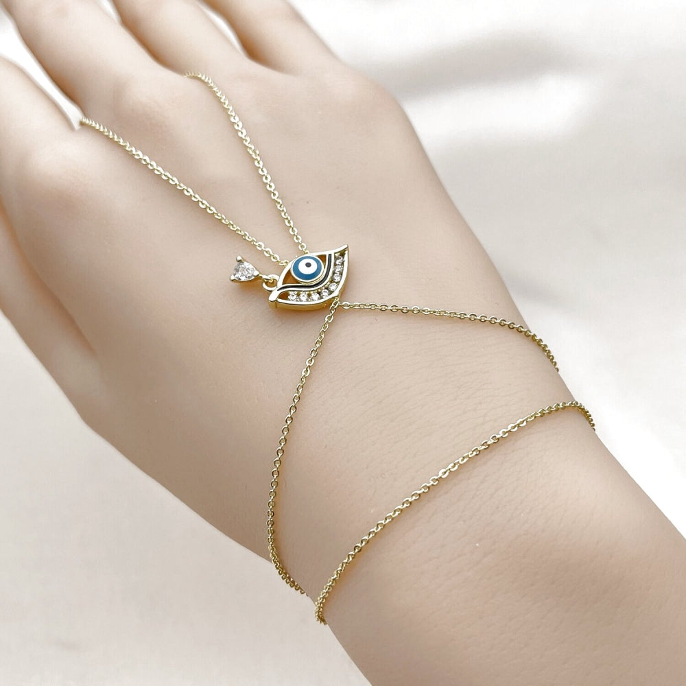 Oro Laminado Fancy Bracelet, Gold Filled Style Evil Eye and Rolo Design, with White Cubic Zirconia, Azul claro Enamel Finish, Golden Finish