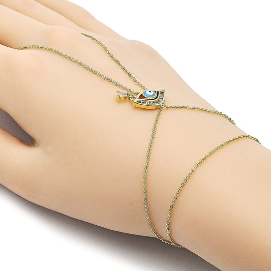 Oro Laminado Fancy Bracelet, Gold Filled Style Evil Eye and Rolo Design, with White Cubic Zirconia, Azul claro Enamel Finish, Golden Finish