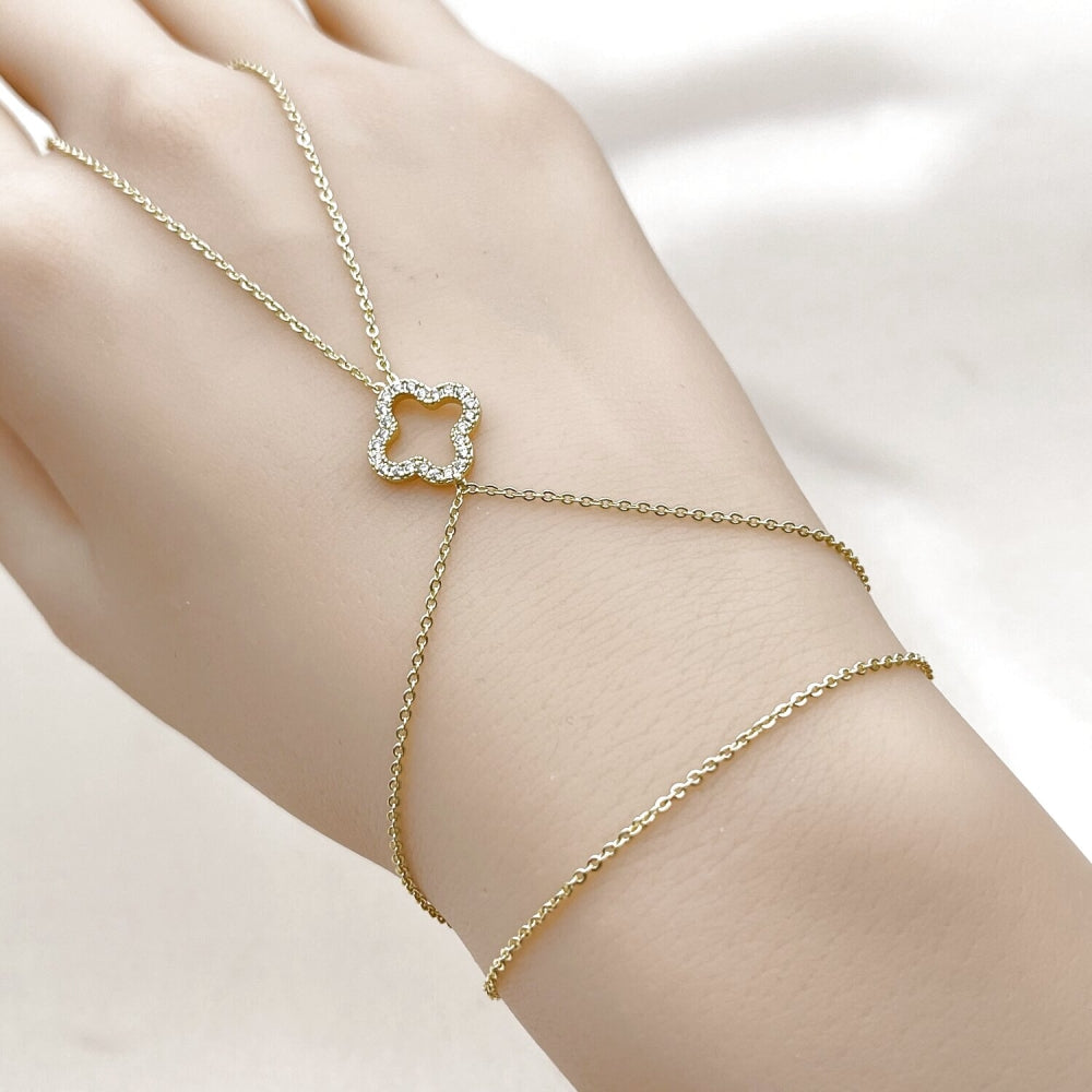 Oro Laminado Fancy Bracelet, Gold Filled Style Four-leaf Clover and Rolo Design, with White Micro Pave, Polished, Golden Finish