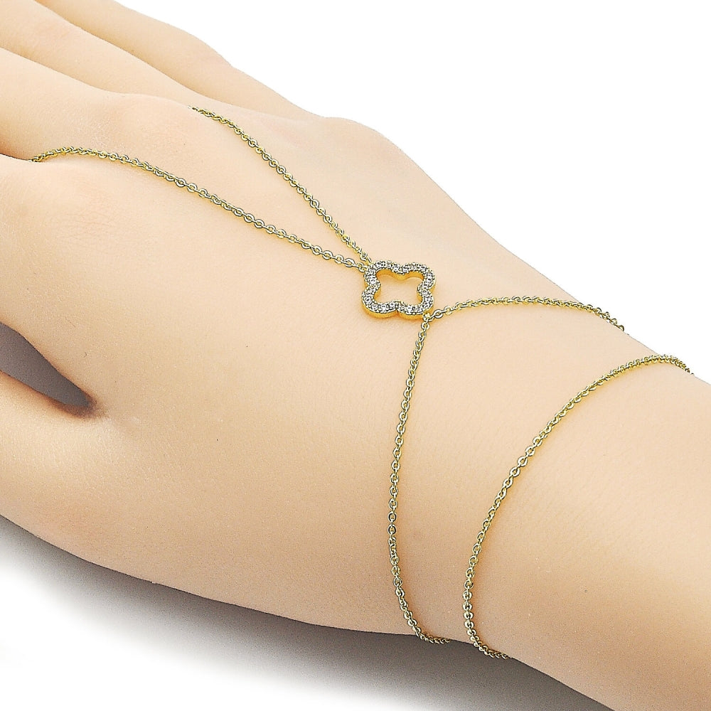 Oro Laminado Fancy Bracelet, Gold Filled Style Four-leaf Clover and Rolo Design, with White Micro Pave, Polished, Golden Finish