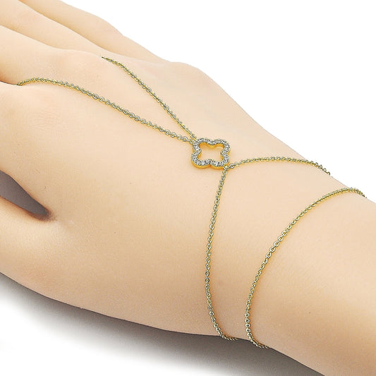 Oro Laminado Fancy Bracelet, Gold Filled Style Four-leaf Clover and Rolo Design, with White Micro Pave, Polished, Golden Finish