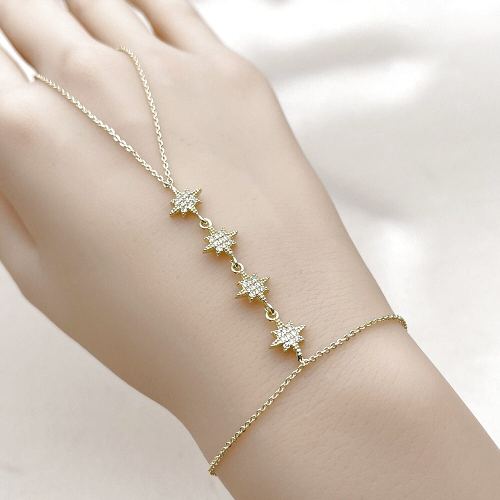 Oro Laminado Fancy Bracelet, Gold Filled Style Star and Rolo Design, with White Micro Pave, Polished, Golden Finish