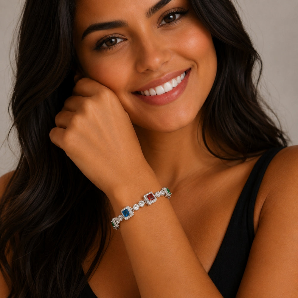 White Gold Filled Tennis Bracelet, Cluster Design, with Multicolor and White Cubic Zirconia, Polished, Rhodium Finish