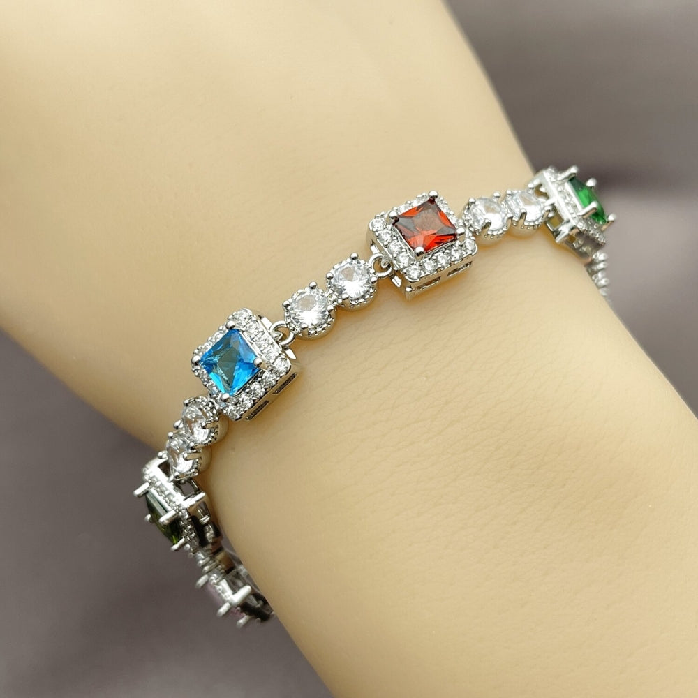 White Gold Filled Tennis Bracelet, Cluster Design, with Multicolor and White Cubic Zirconia, Polished, Rhodium Finish