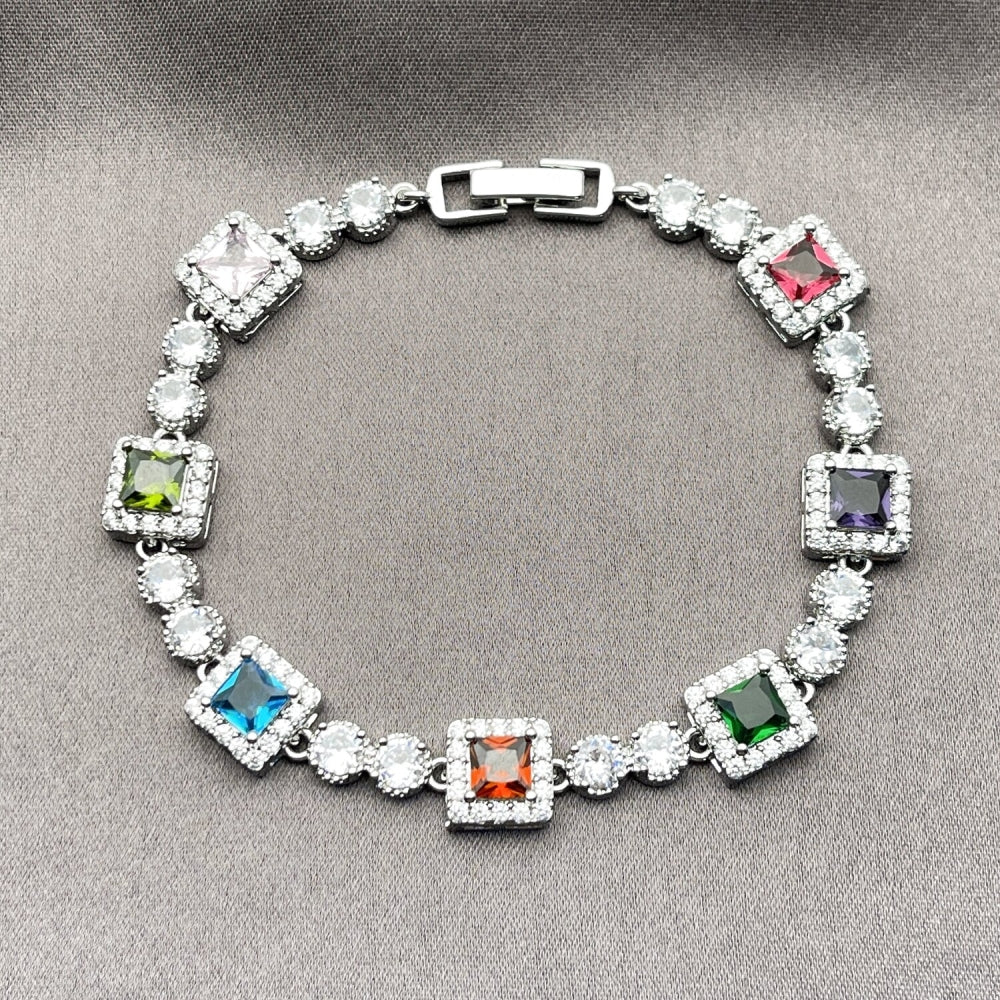 White Gold Filled Tennis Bracelet, Cluster Design, with Multicolor and White Cubic Zirconia, Polished, Rhodium Finish