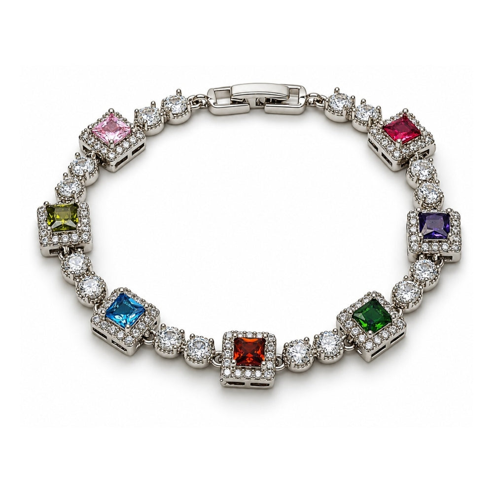 White Gold Filled Tennis Bracelet, Cluster Design, with Multicolor and White Cubic Zirconia, Polished, Rhodium Finish