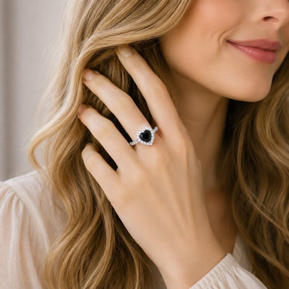 Rhodium Gold Filled Wedding Ring, Heart and Cluster Design, with Black and White Cubic Zirconia, Polished, Rhodium Finish