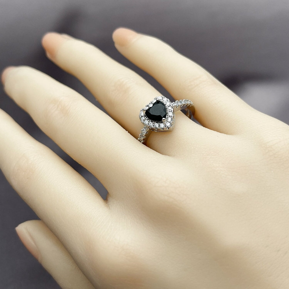 Rhodium Gold Filled Wedding Ring, Heart and Cluster Design, with Black and White Cubic Zirconia, Polished, Rhodium Finish