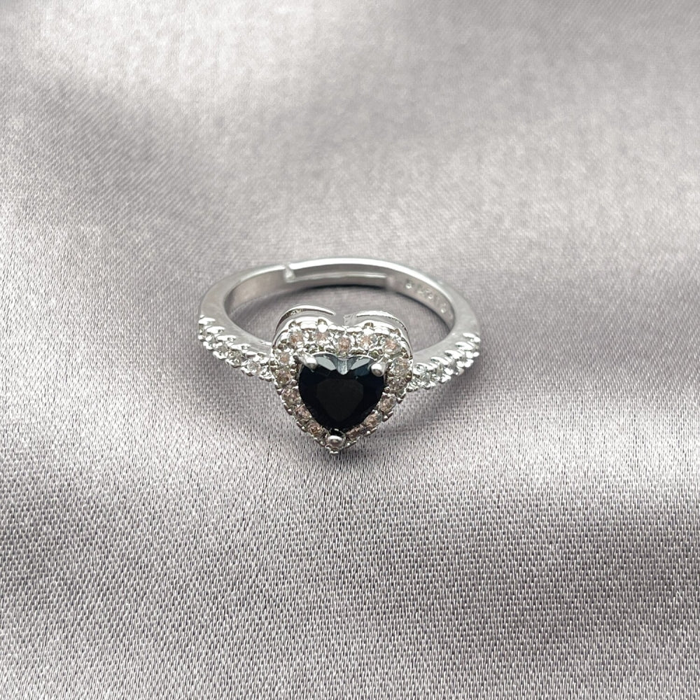 Rhodium Gold Filled Wedding Ring, Heart and Cluster Design, with Black and White Cubic Zirconia, Polished, Rhodium Finish