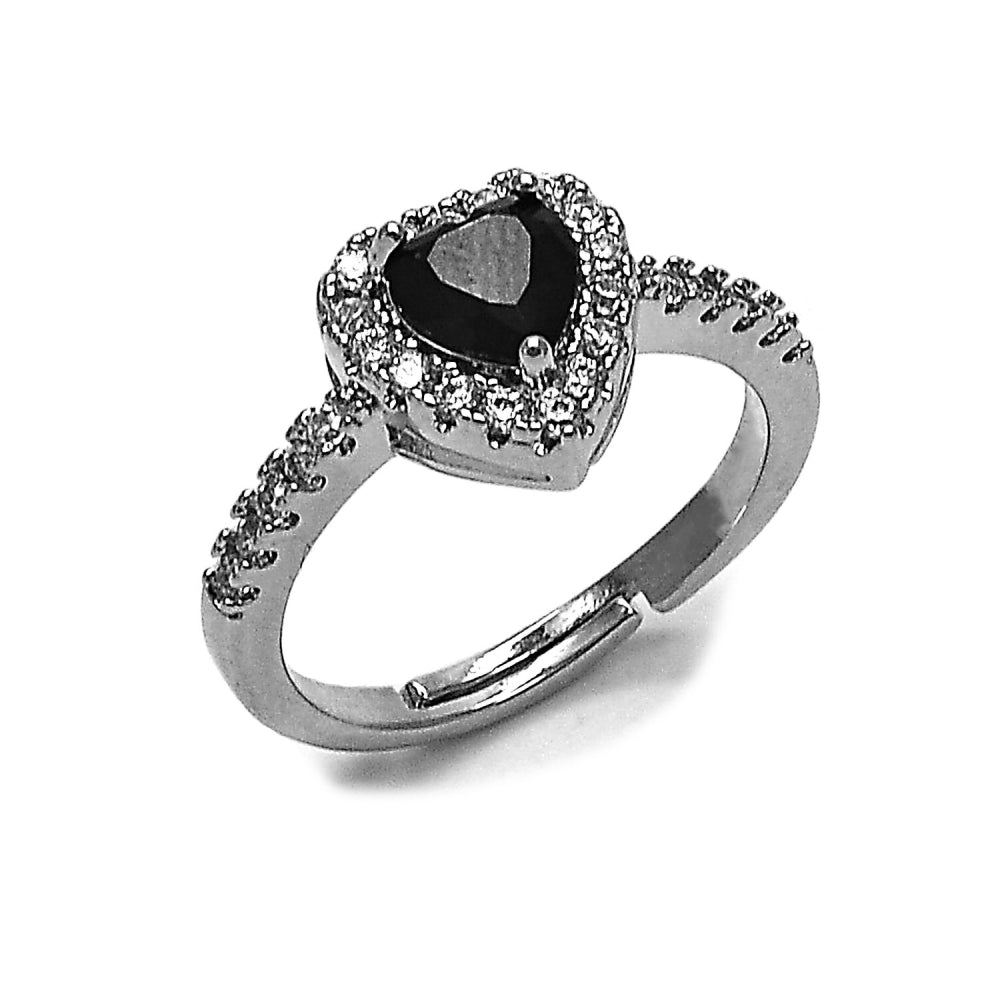 Rhodium Gold Filled Wedding Ring, Heart and Cluster Design, with Black and White Cubic Zirconia, Polished, Rhodium Finish