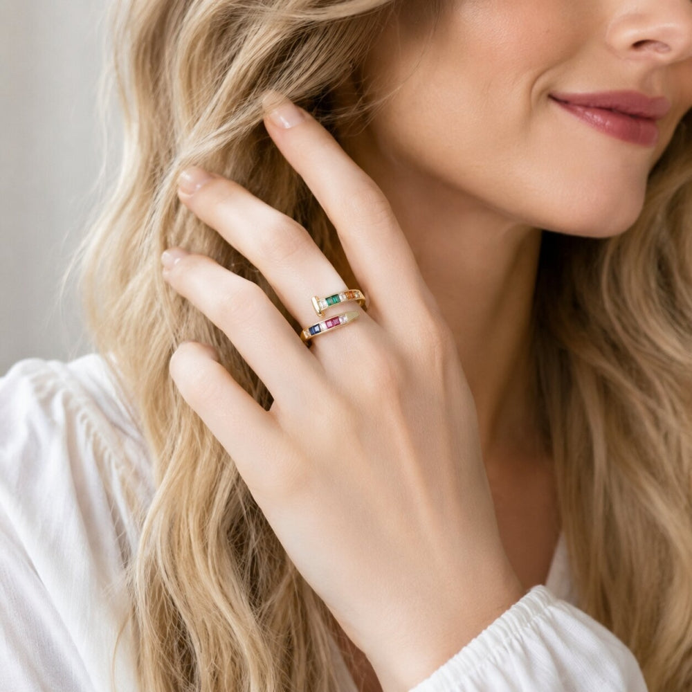 Oro Laminado Multi Stone Ring, Gold Filled Style Nail and Baguette Design, with Multicolor Cubic Zirconia, Polished, Golden Finish
