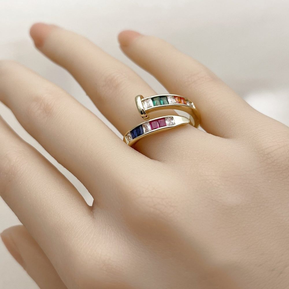Oro Laminado Multi Stone Ring, Gold Filled Style Nail and Baguette Design, with Multicolor Cubic Zirconia, Polished, Golden Finish