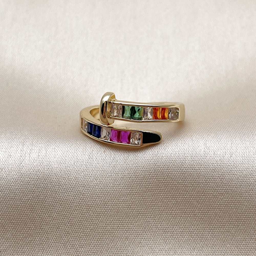 Oro Laminado Multi Stone Ring, Gold Filled Style Nail and Baguette Design, with Multicolor Cubic Zirconia, Polished, Golden Finish