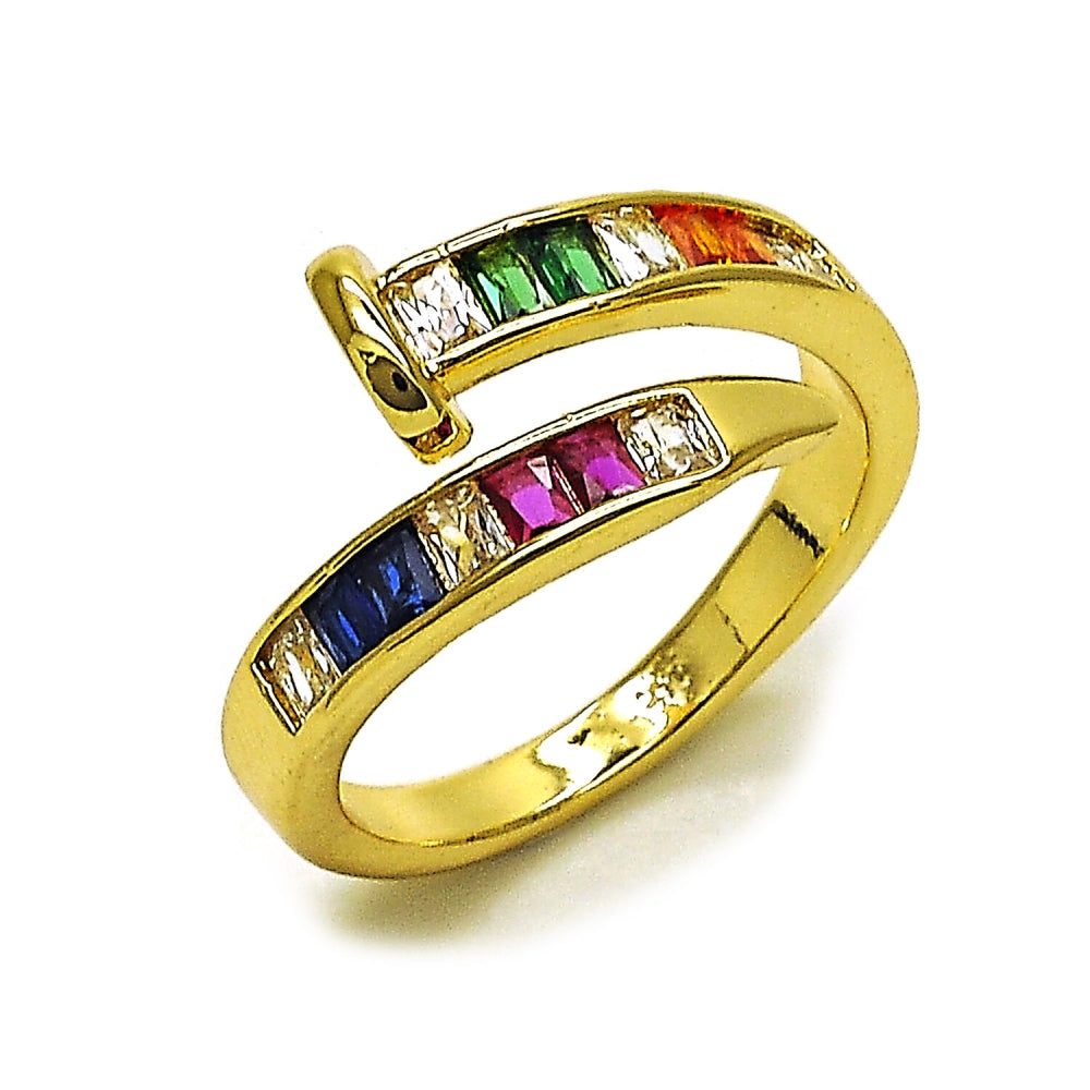 Oro Laminado Multi Stone Ring, Gold Filled Style Nail and Baguette Design, with Multicolor Cubic Zirconia, Polished, Golden Finish