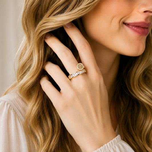 Oro Laminado Multi Stone Ring, Gold Filled Style Nail and Baguette Design, with White Cubic Zirconia and White Micro Pave, Polished, Golden Finish