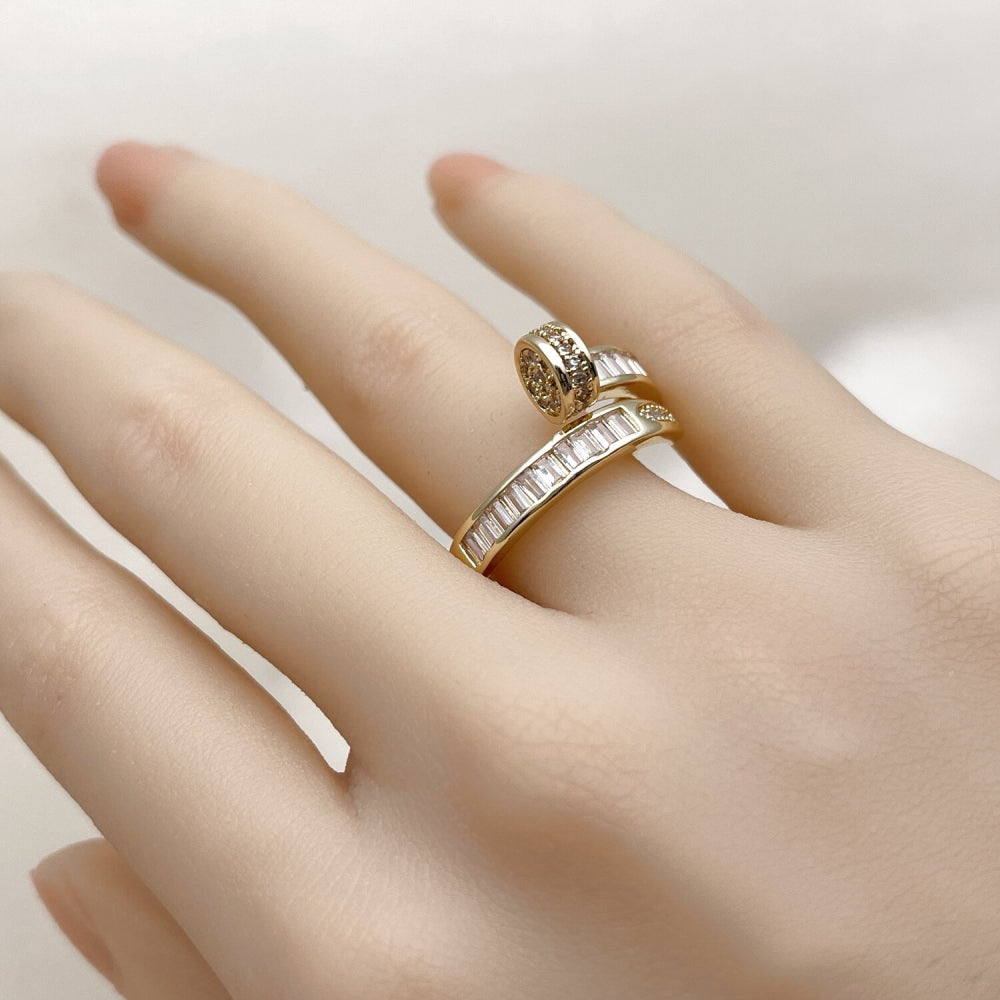 Oro Laminado Multi Stone Ring, Gold Filled Style Nail and Baguette Design, with White Cubic Zirconia and White Micro Pave, Polished, Golden Finish