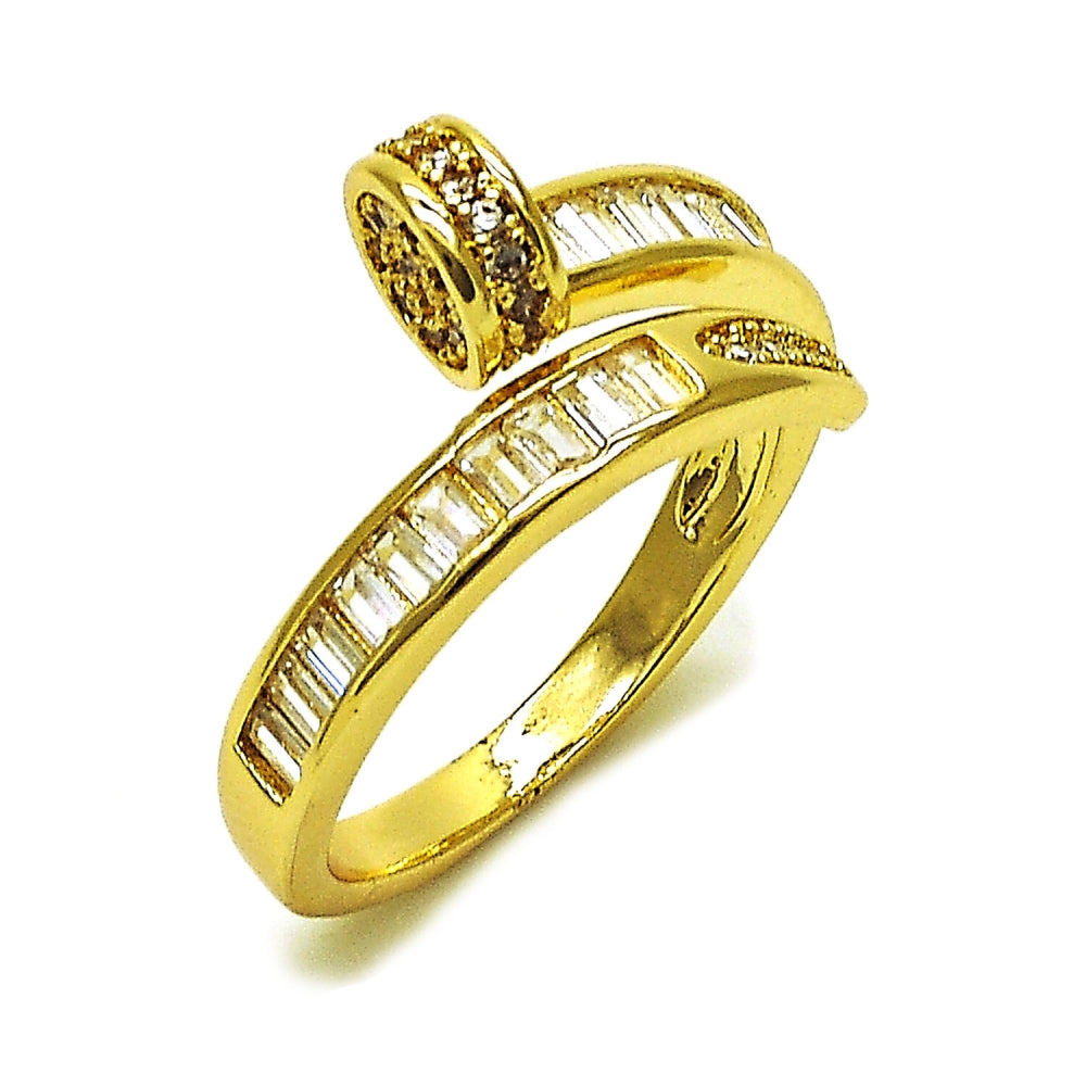 Oro Laminado Multi Stone Ring, Gold Filled Style Nail and Baguette Design, with White Cubic Zirconia and White Micro Pave, Polished, Golden Finish