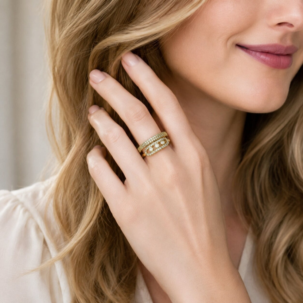 Oro Laminado Multi Stone Ring, Gold Filled Style Paperclip Design, with White Cubic Zirconia and White Micro Pave, Polished, Golden Finish