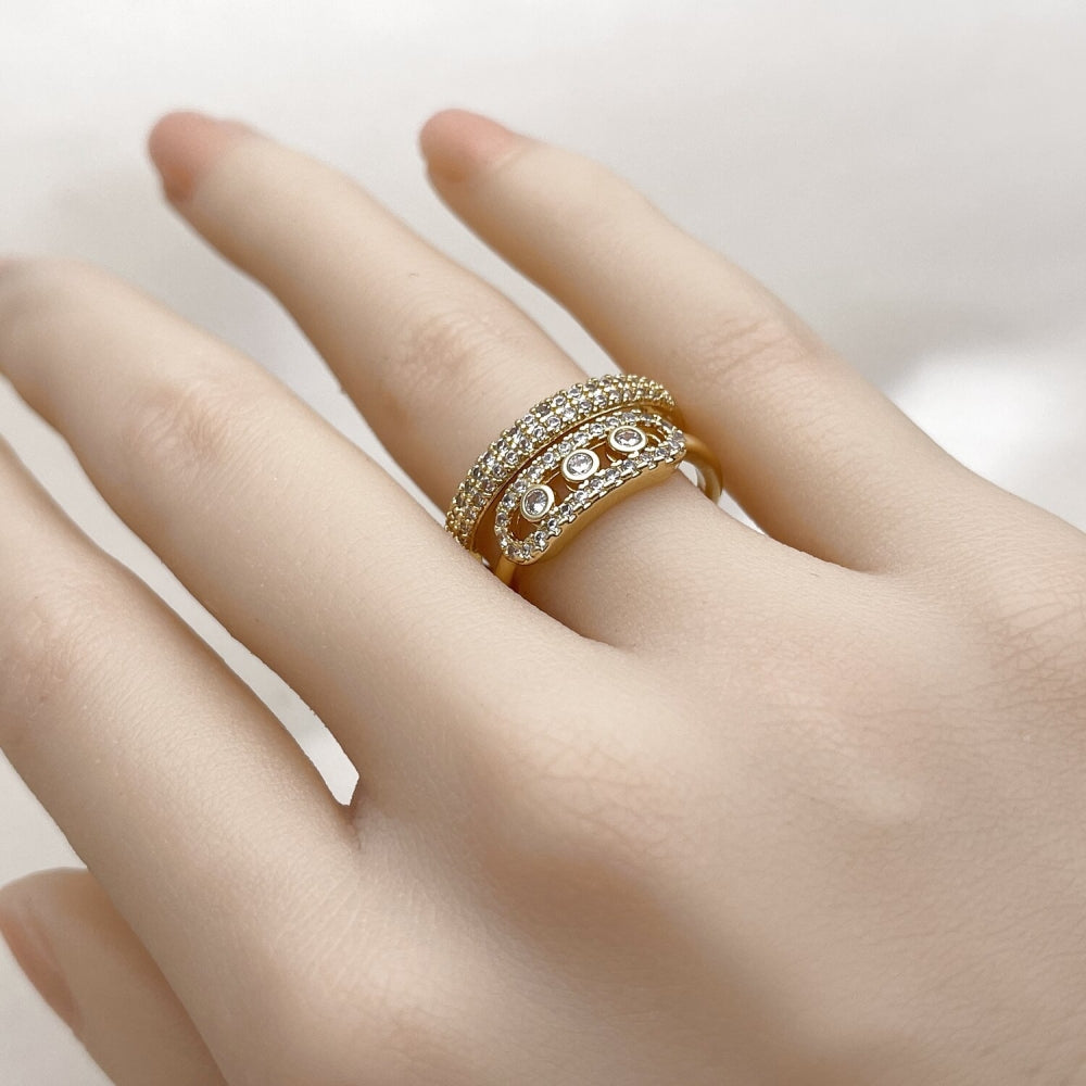 Oro Laminado Multi Stone Ring, Gold Filled Style Paperclip Design, with White Cubic Zirconia and White Micro Pave, Polished, Golden Finish