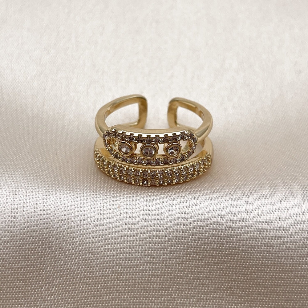 Oro Laminado Multi Stone Ring, Gold Filled Style Paperclip Design, with White Cubic Zirconia and White Micro Pave, Polished, Golden Finish