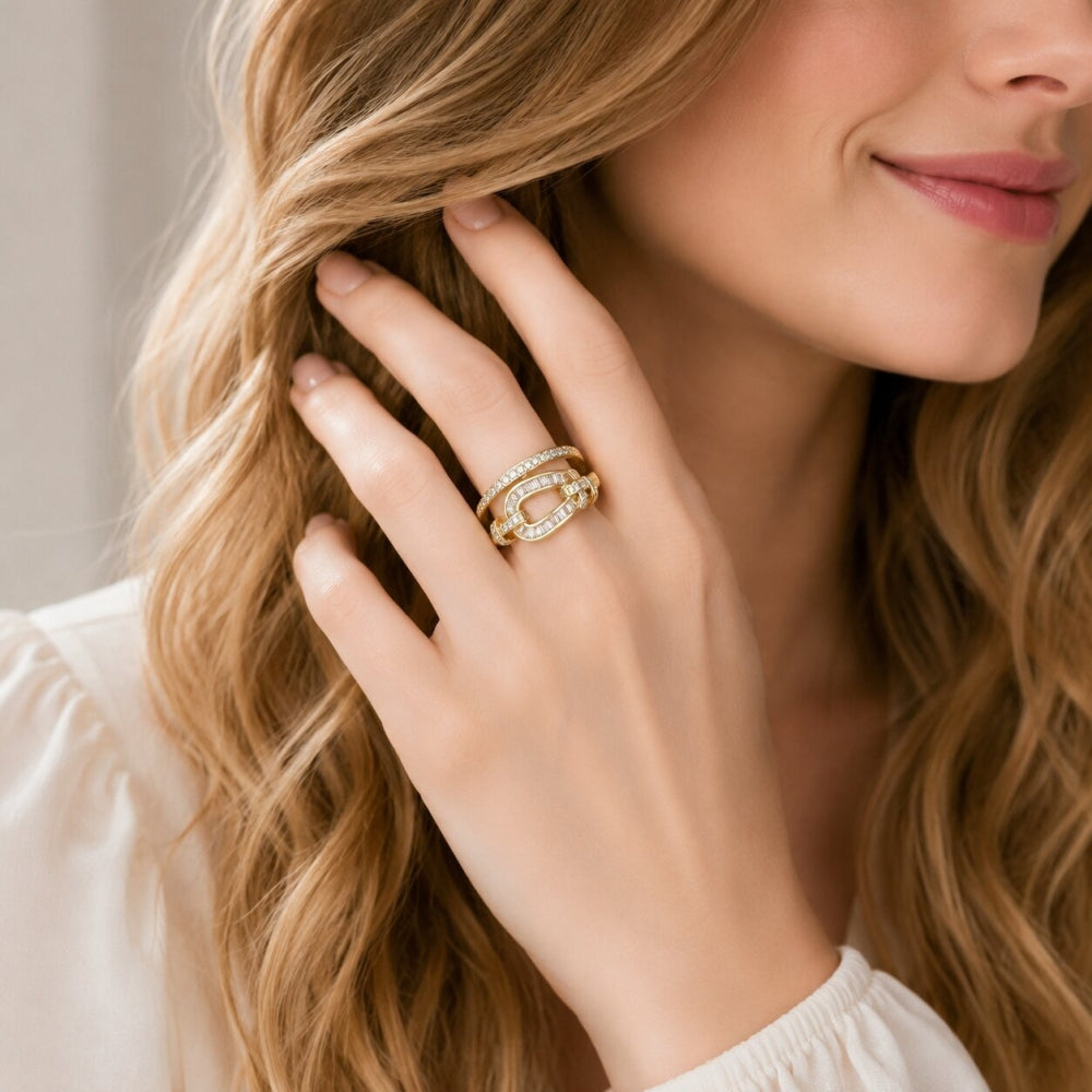 Oro Laminado Multi Stone Ring, Gold Filled Style Belt Buckle and Baguette Design, with White Cubic Zirconia and White Micro Pave, Polished, Golden Finish