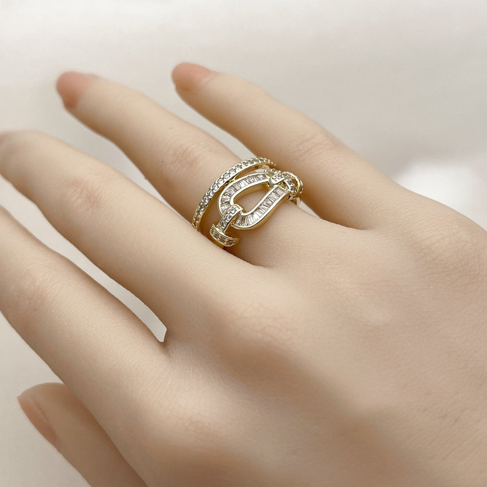 Oro Laminado Multi Stone Ring, Gold Filled Style Belt Buckle and Baguette Design, with White Cubic Zirconia and White Micro Pave, Polished, Golden Finish