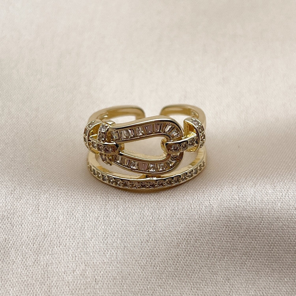 Oro Laminado Multi Stone Ring, Gold Filled Style Belt Buckle and Baguette Design, with White Cubic Zirconia and White Micro Pave, Polished, Golden Finish