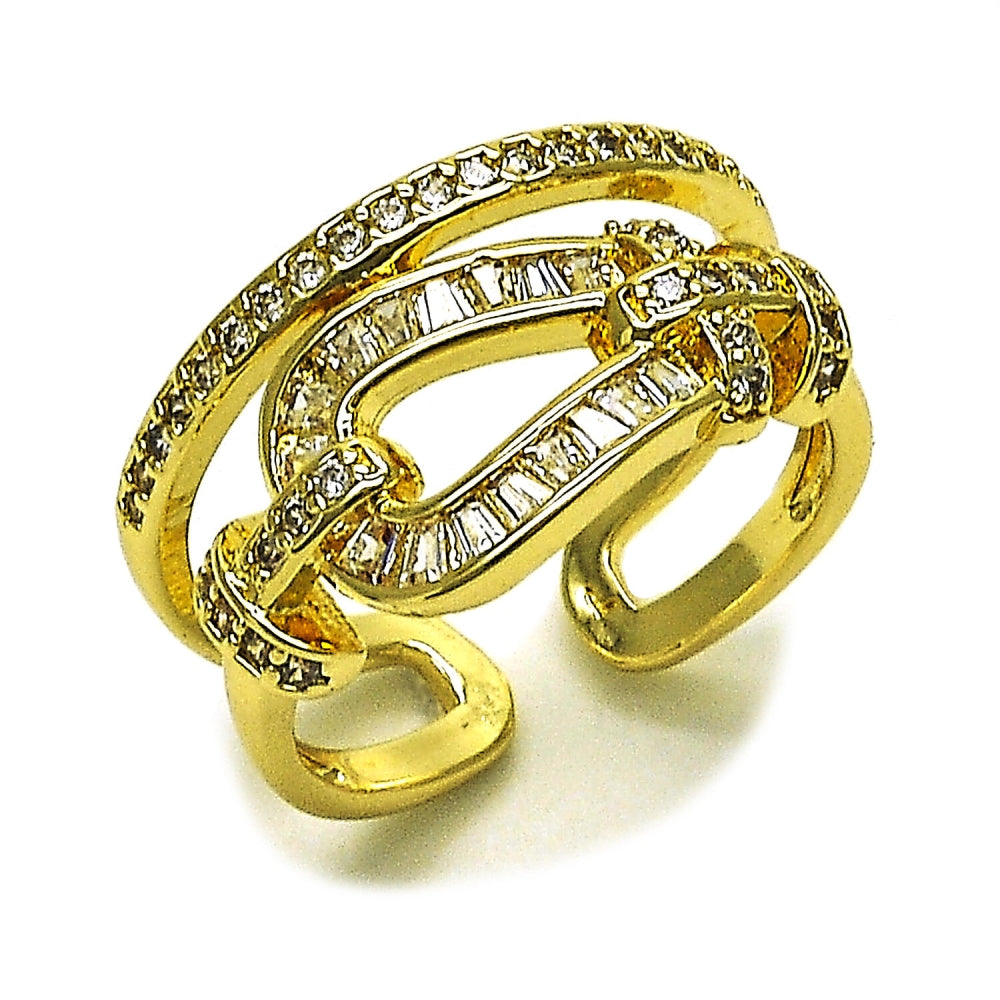 Oro Laminado Multi Stone Ring, Gold Filled Style Belt Buckle and Baguette Design, with White Cubic Zirconia and White Micro Pave, Polished, Golden Finish