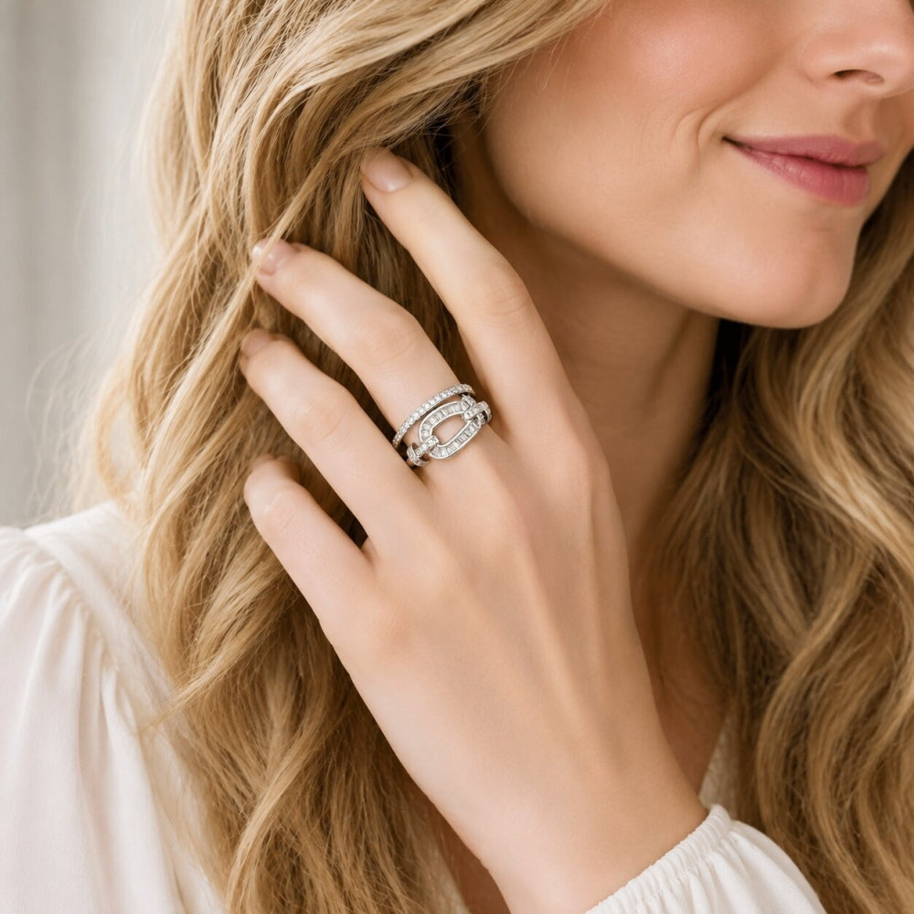 Rhodium Gold Filled Multi Stone Ring, Belt Buckle and Baguette Design, with White Cubic Zirconia and White Micro Pave, Polished, Rhodium Finish