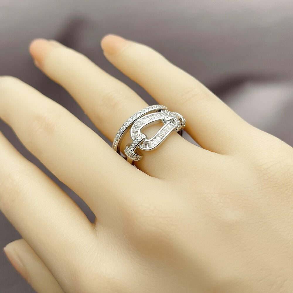 Rhodium Gold Filled Multi Stone Ring, Belt Buckle and Baguette Design, with White Cubic Zirconia and White Micro Pave, Polished, Rhodium Finish
