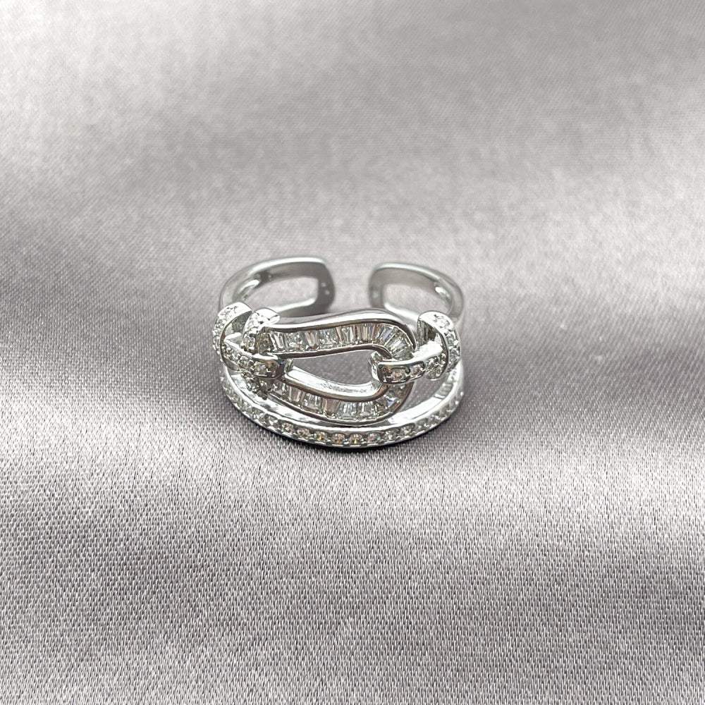 Rhodium Gold Filled Multi Stone Ring, Belt Buckle and Baguette Design, with White Cubic Zirconia and White Micro Pave, Polished, Rhodium Finish