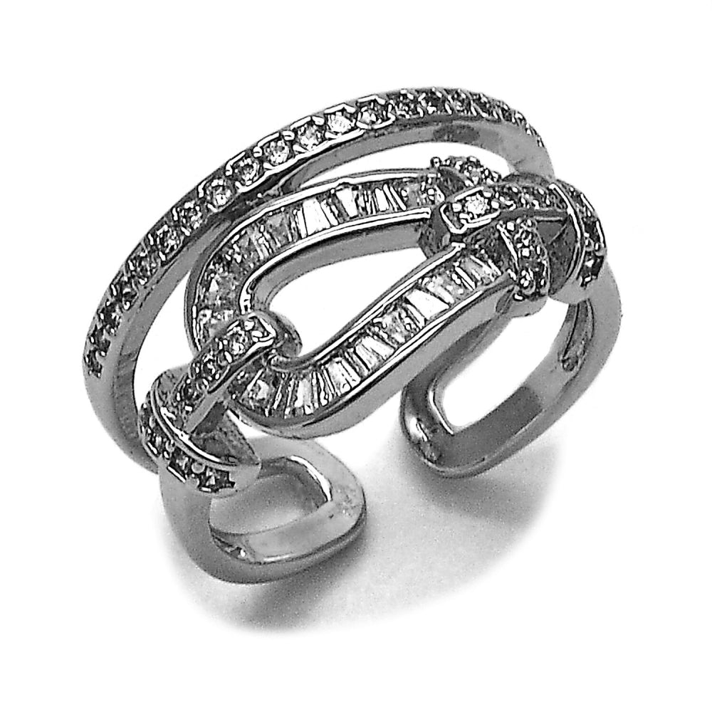 Rhodium Gold Filled Multi Stone Ring, Belt Buckle and Baguette Design, with White Cubic Zirconia and White Micro Pave, Polished, Rhodium Finish