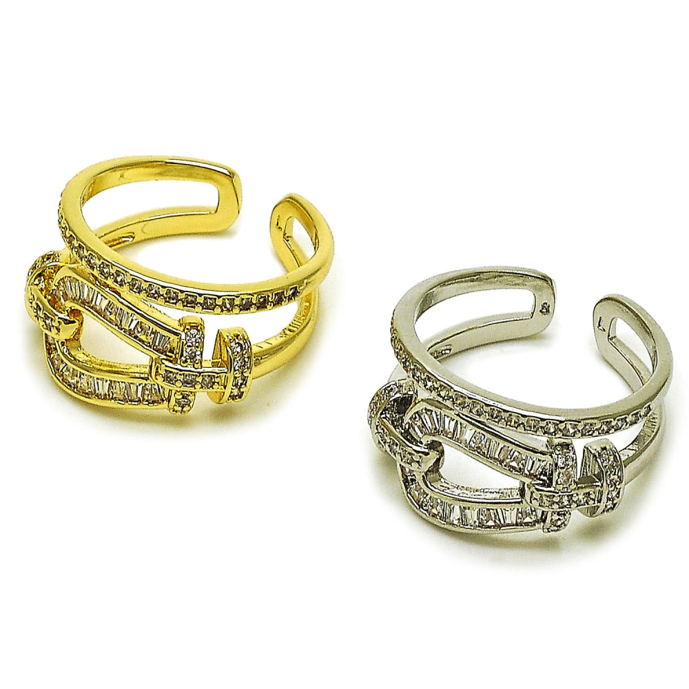 Rhodium Gold Filled Multi Stone Ring, Belt Buckle and Baguette Design, with White Cubic Zirconia and White Micro Pave, Polished, Rhodium Finish