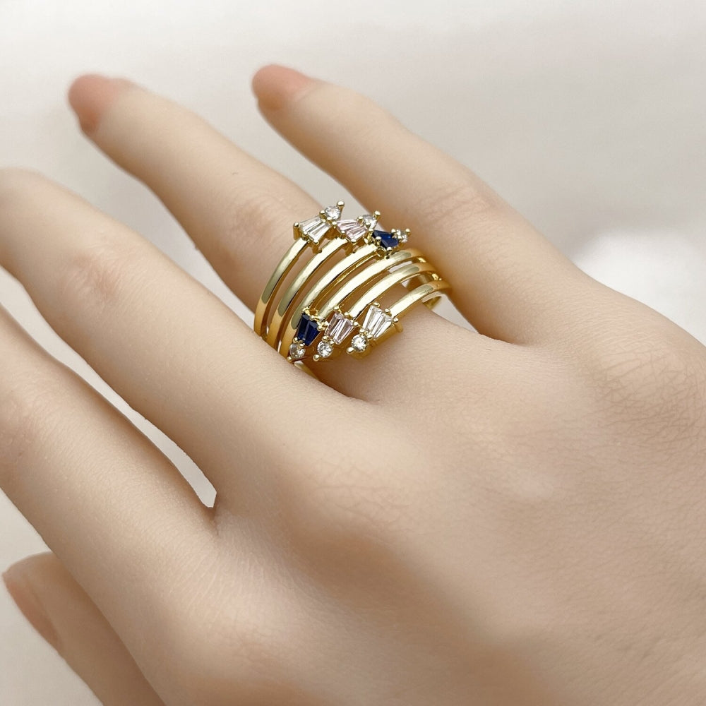 Oro Laminado Multi Stone Ring, Gold Filled Style Arrow and Baguette Design, with Multicolor and White Cubic Zirconia, Polished, Golden Finish