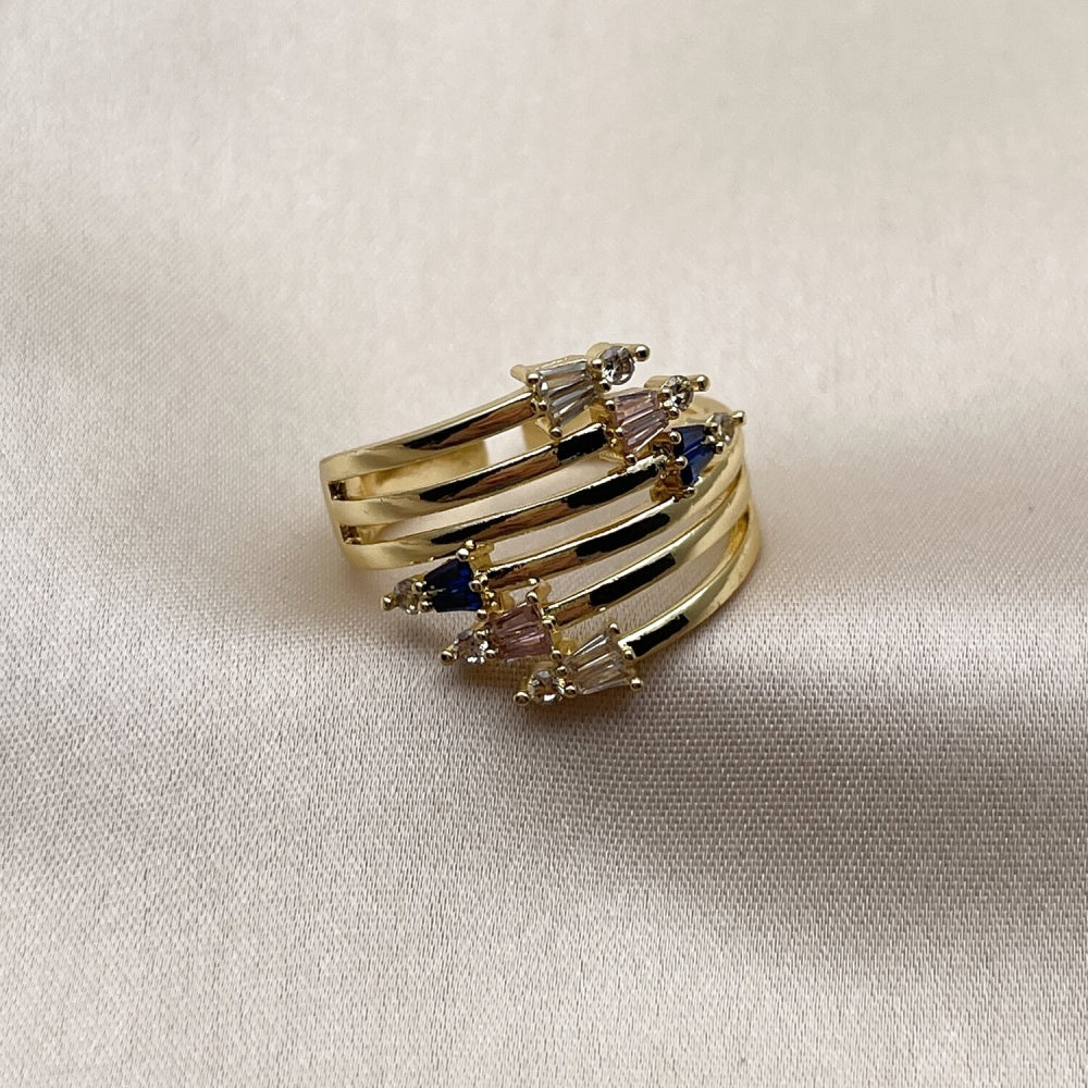 Oro Laminado Multi Stone Ring, Gold Filled Style Arrow and Baguette Design, with Multicolor and White Cubic Zirconia, Polished, Golden Finish