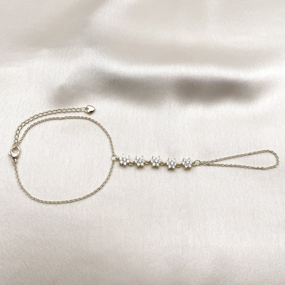 Oro Laminado Fancy Bracelet, Gold Filled Style Flower Design, with White Cubic Zirconia, Polished, Golden Finish