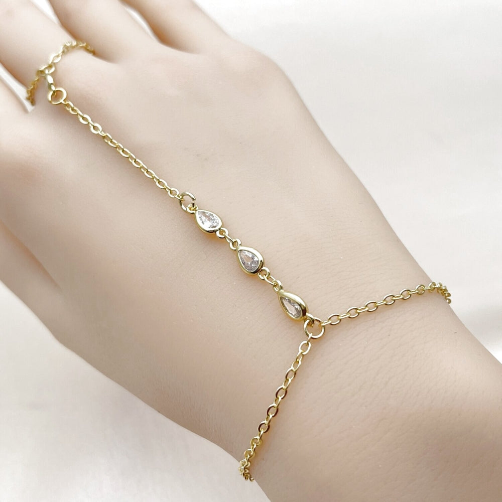 Oro Laminado Fancy Bracelet, Gold Filled Style Teardrop and Rolo Design, with White Cubic Zirconia, Polished, Golden Finish