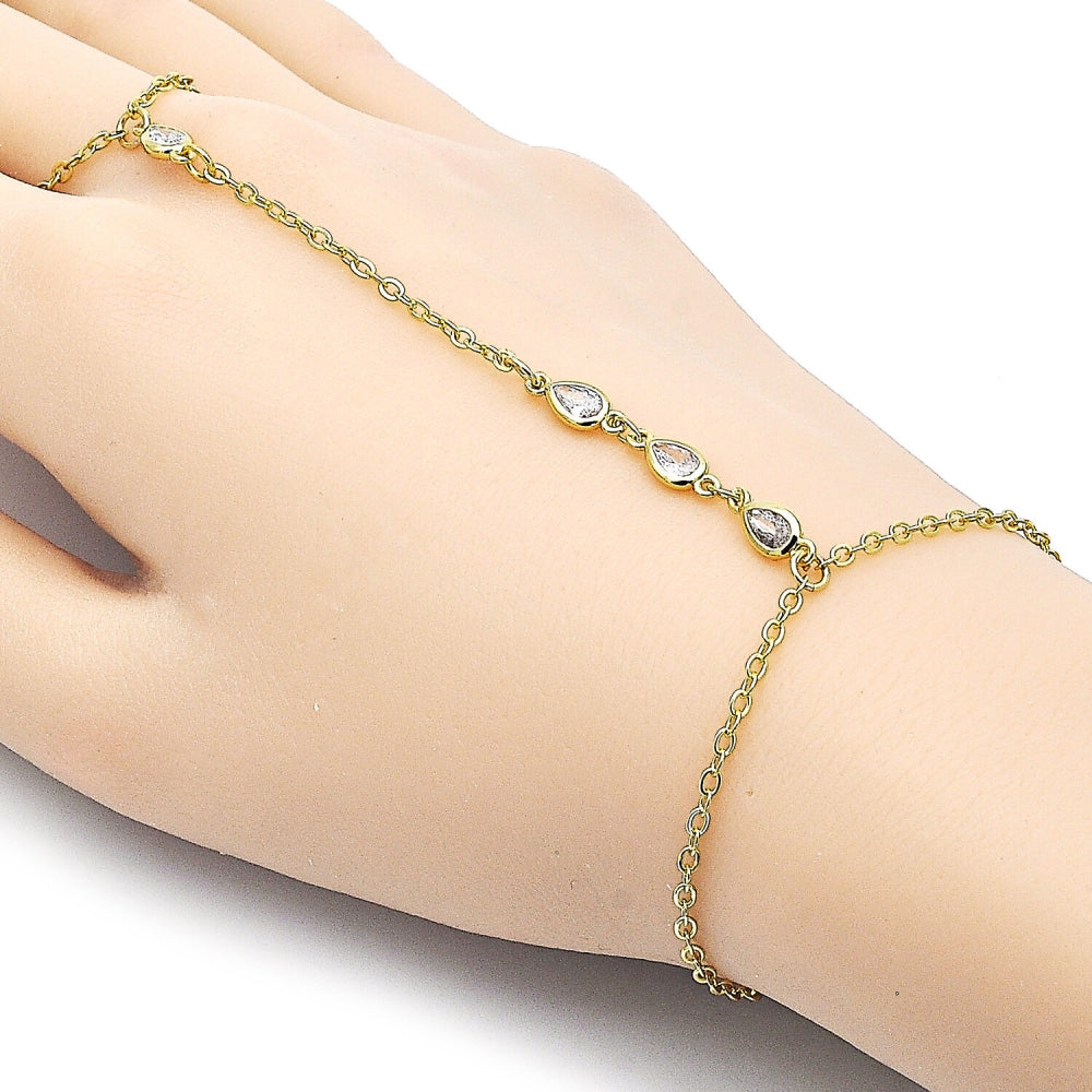 Oro Laminado Fancy Bracelet, Gold Filled Style Teardrop and Rolo Design, with White Cubic Zirconia, Polished, Golden Finish